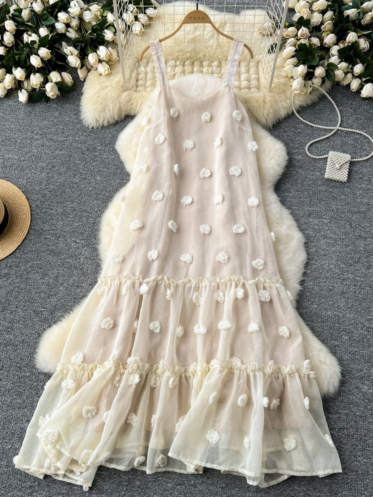Sweet Holiday Sle Strapl Dr Women Ele 3D Flower Loose Slimming Lace Hem Fairy Long Dr Korean Sle A-Line Skirt
