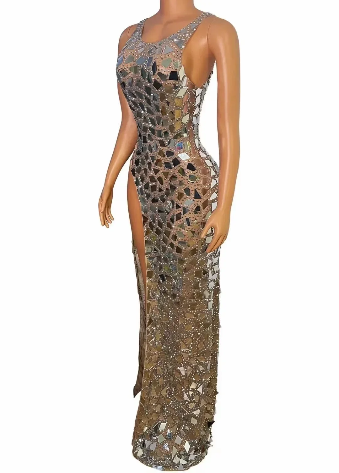Sleeveless Shining Mirror Sequins Sexy Split Long Dress For Women Evening Celebrity Clothing Stage Prom Singer Costumes