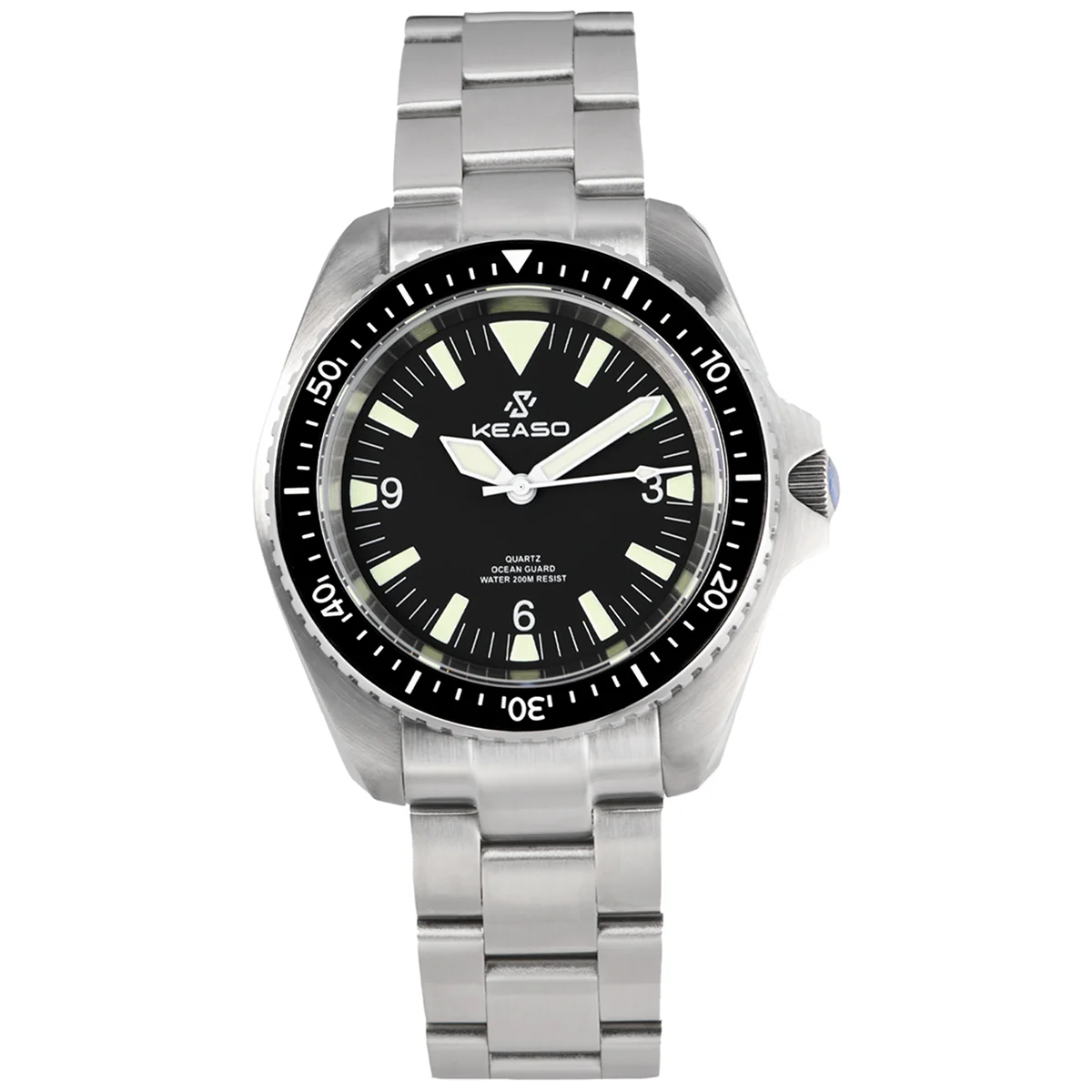KEASO Quartz Dive Watch No Date Sapphire Ceramic Bezel 200M Water Resistant C3 Lume 316L Stainless Steel Miyota2115 Mens Watch