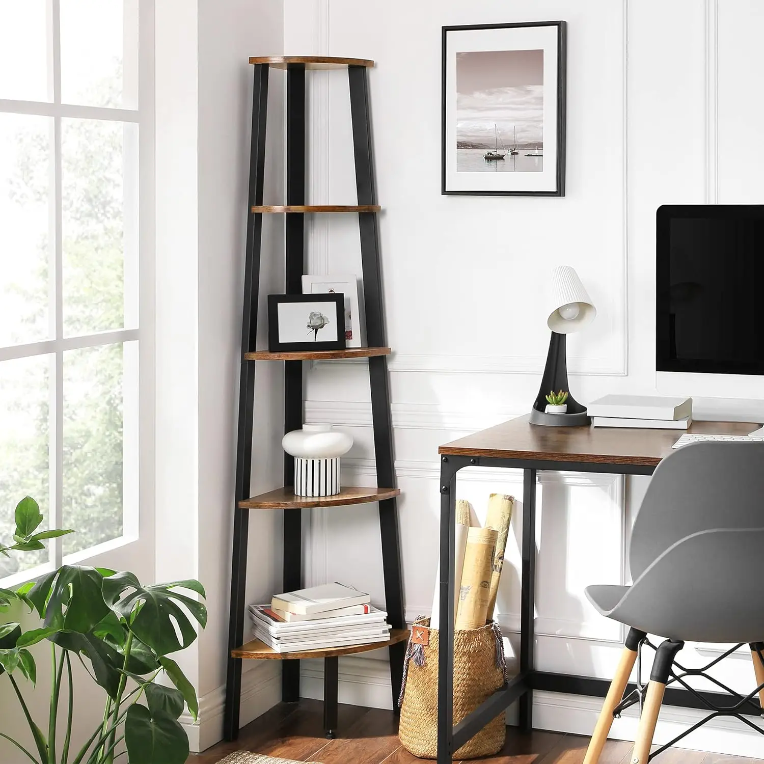  Industrial Bookcase, 5-Tier Corner Shelf, Plant Stand Wood Look Accent Furniture with Metal Frame for Home