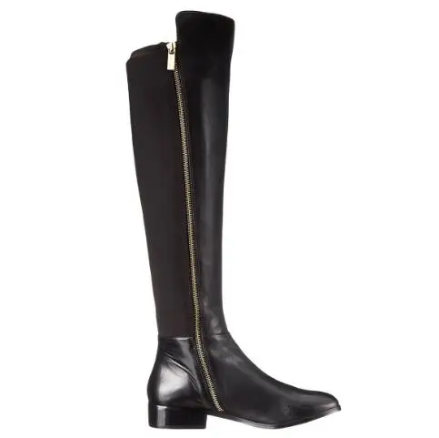 

Size 34 Lady Black Leather Round Toe Zipper Side Knee High Boots Woman Fashion Comfortable Flat Knight Long Botas Shoes