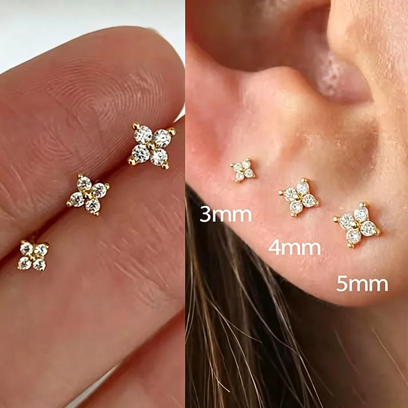 Classic Tiny Lucky Four Leaf Clover Zircon Studs, Multi-Size Pack 2/3/6Pcs Stainless Steel Women Ear Jewelry Gift