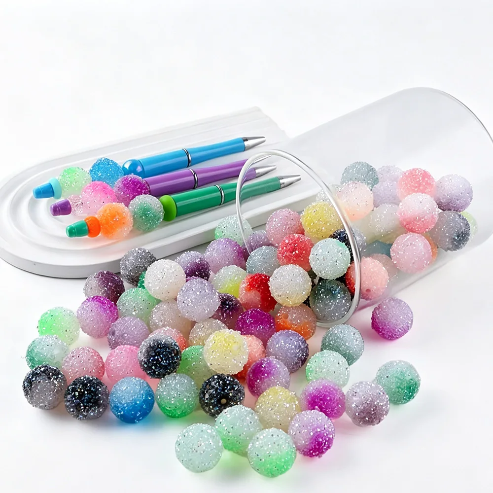 10Pcs Color-block Beads Acrylic Sugar Sand Round Beads Spacer Beads DIY for Jewelry Making Beaded Pen Accessories