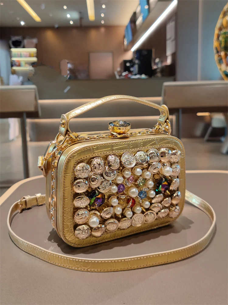 

Small Square Bag Women's Bag Genuine Leather Handbag Fashion New Trendy Light Luxury Diamond-Embedded Shoulder Messenger Bag