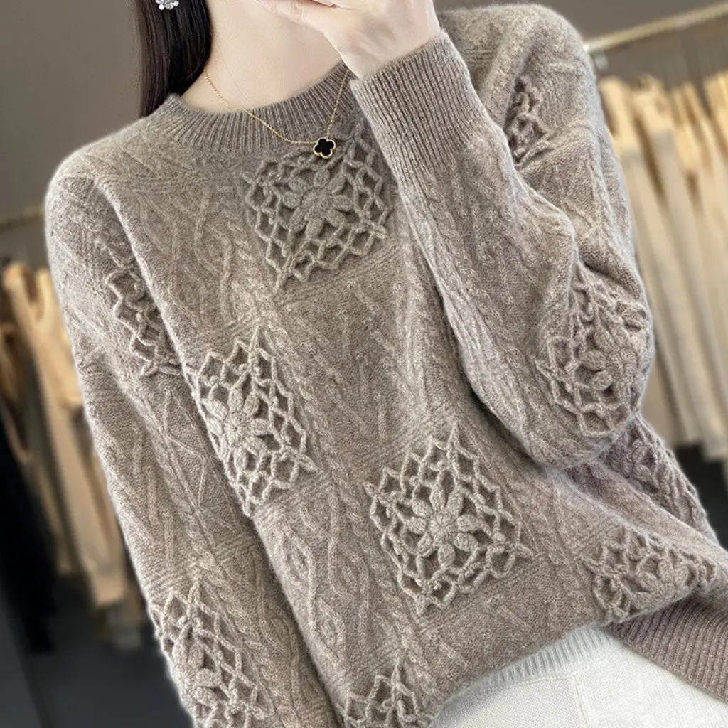 

Women's Cropped round Neck Hollow Wool Sweater Loose Intarsia Knitted Casual Base Shirt Lazy Style Outer Wear
