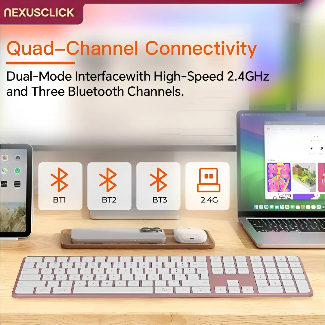 NexusClick Rechargeable Wireless Keyboard Mouse Combo,4-Channel 2.4G/BT,Slim Quiet Keys,Adjustable DPI for PC Laptop Mac Office