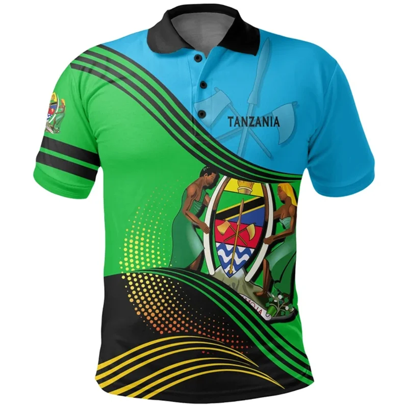 Tanzania Map Flag 3D Print Polo Shirt The United Republic-of Tanzania Coat Of Arms Graphic Mens Polo T Shirt Vintage Clothing