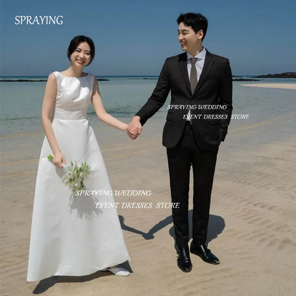 

SPRAYING Korea Beaches Photo Shoot Simple O-Neck Sleeveless Wedding Dresses A-line Floor-Length Long Satin Bridal Gown 웨딩드레스