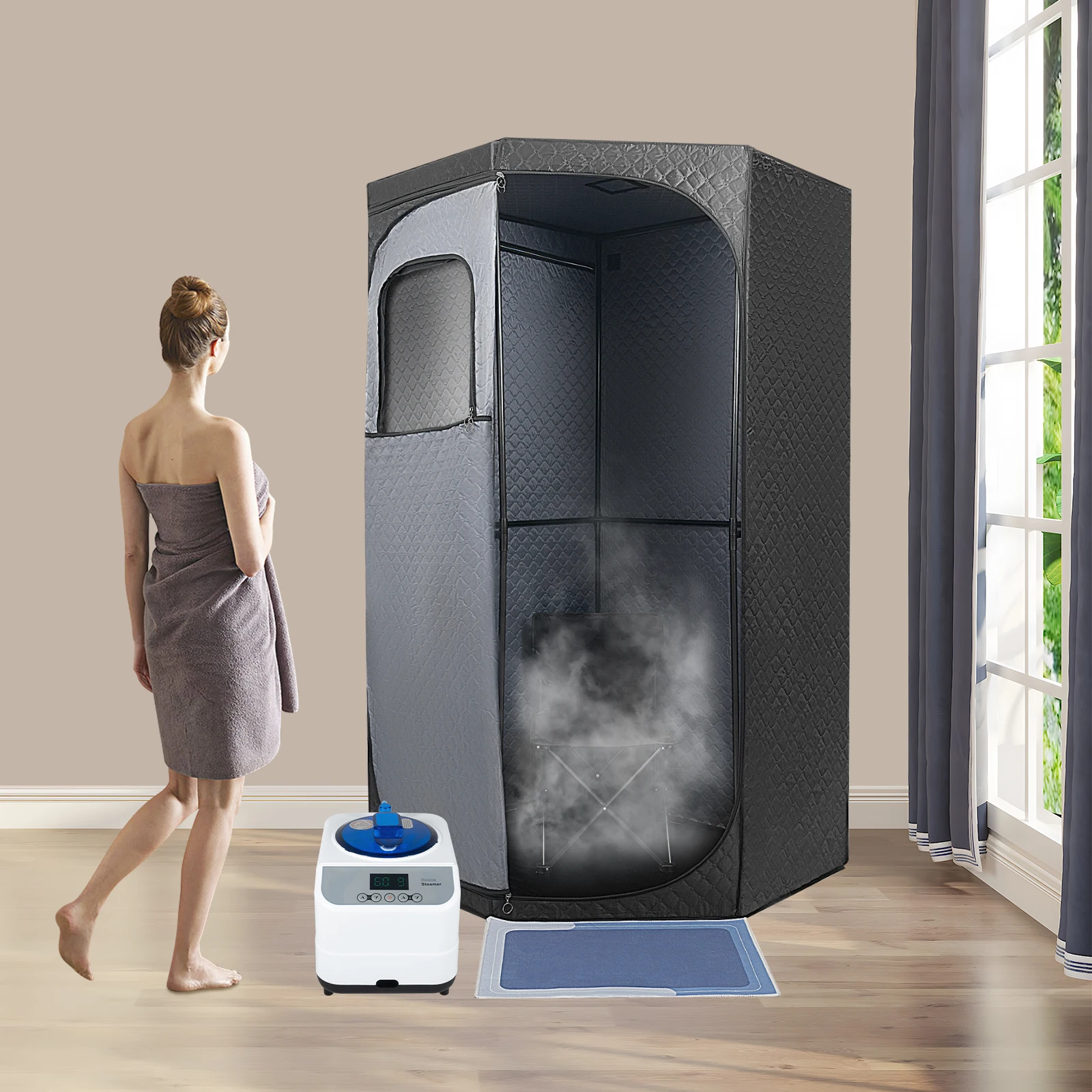 Tragbare Dampfsauna-Box, 220 V, für den Innenbereich, persönliches Zuhause, Spa, Sauna-Set mit faltbarem Stuhl, Fernbedienung, Heimentspannung, Dampfbad