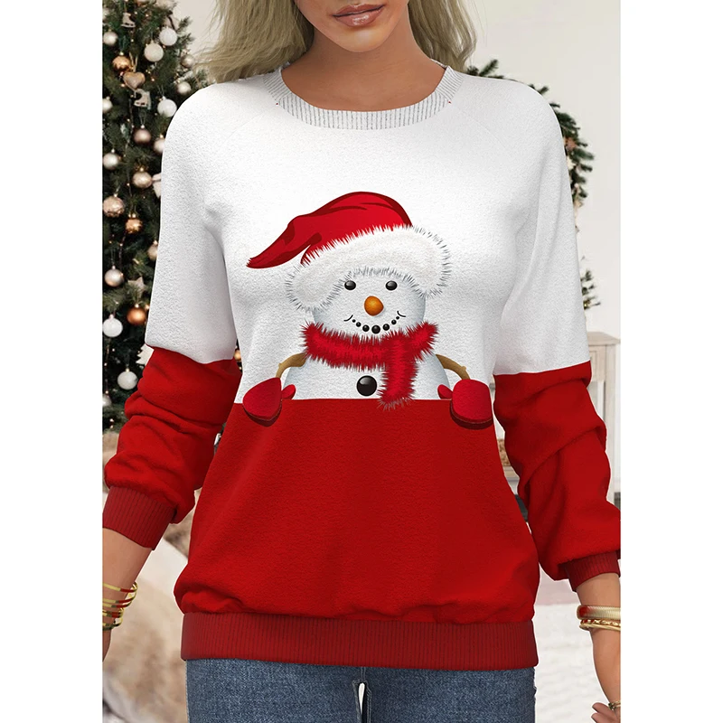 Festival Fashion Clothing Women\'s Christmas 3D Print Snowman Sweatshirts Autumn Winter Long Sleeve Slim Outfits Female Elegant