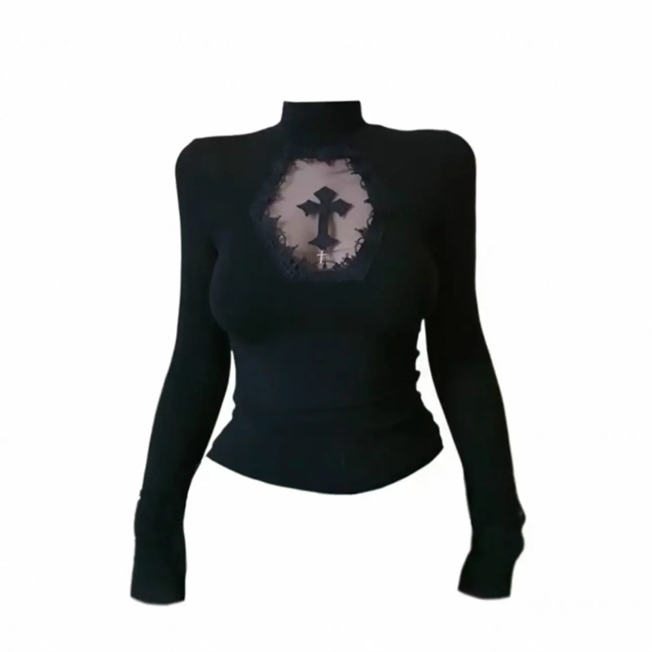 Turtleneck Top Y2k Clothes Black Gothic Cross Hollow Slimming Bottom TShirt Women Long Sleeve Sexy T-shirt Girls Tops Subculture