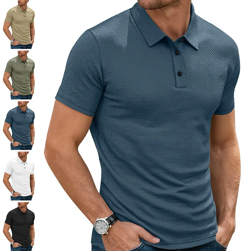 Men's Waffle Textured Polo Shirt Short Sleeve Turn‑Down Collar 3‑Button Casual Business Summer Tops