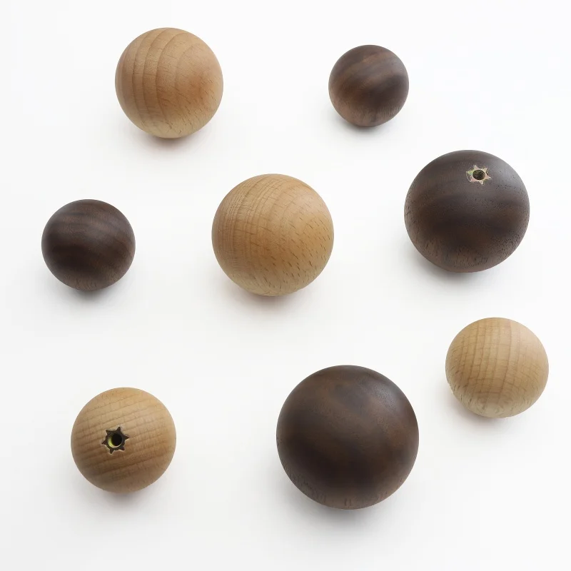 Retro Wooden Door Handles Ball Drawer Pulls Walnut Furniture Handles Cabinet Drawer Single-Hole Knobs Decorate Hardware