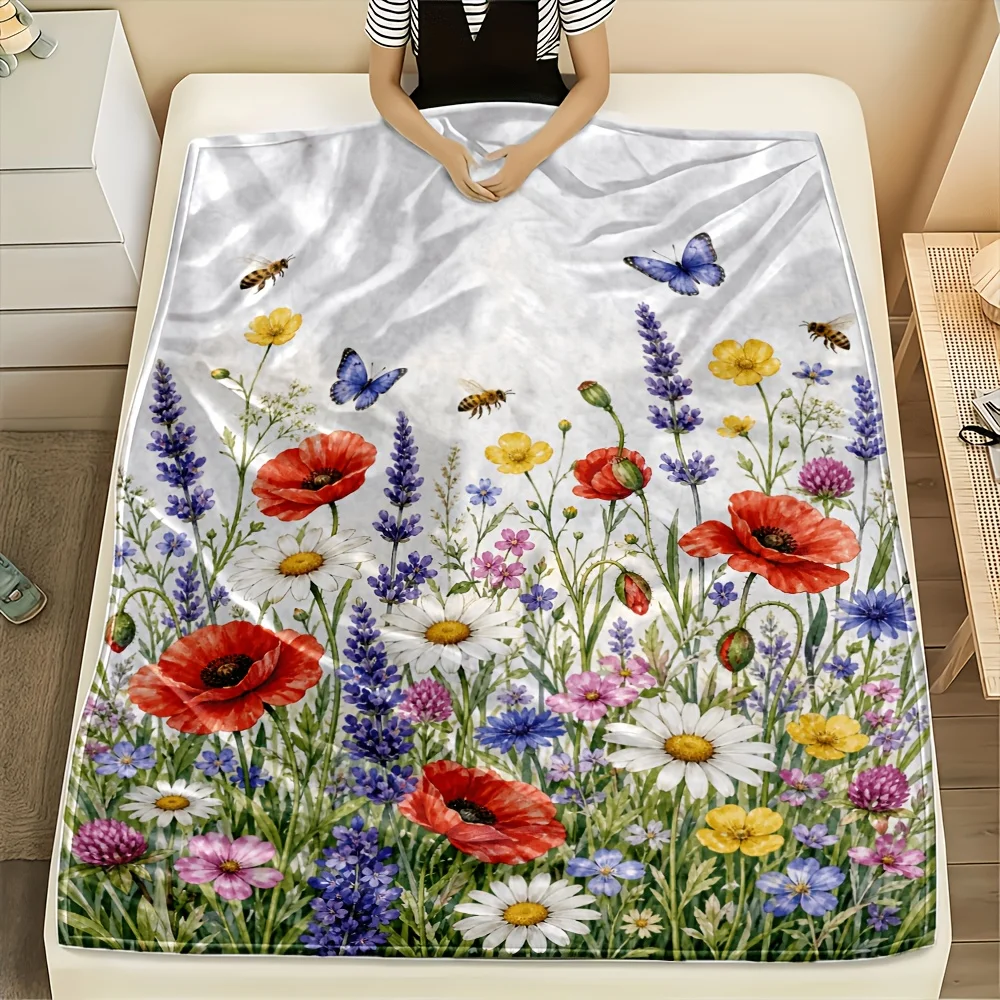 1pc Watercolor Wildflowers Print 280GSM Flannel Throw Blanket, Ultra Soft Warm Cozy, Multi-Size, Machine Washable, Bedroom Sofa Office Dorm Car Winter Gift