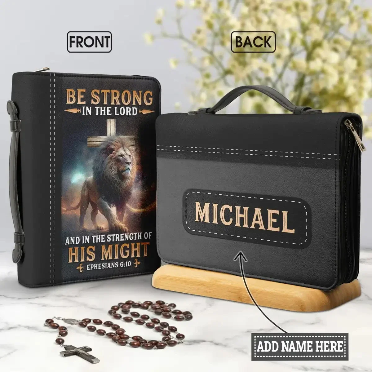 

Lion Cross Bible Hymns Print Leather Bible Bag Handbags Be Strong in The Lord Words Bible Carrying Case Handle Study Book Case