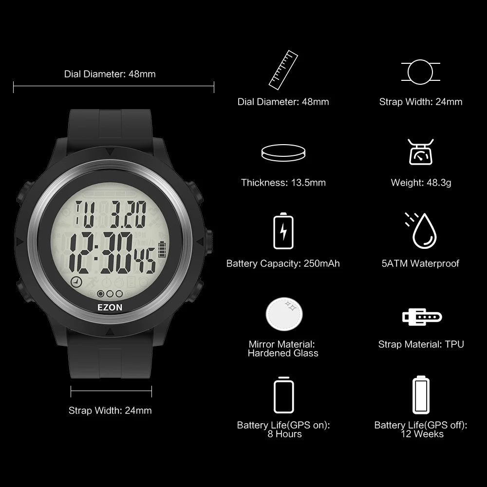 EZON-reloj deportivo Digital T909C para hombre, dispositivo con GPS, Monitor óptico de ritmo cardíaco, podómetro, contador de calorías, cronógrafo,