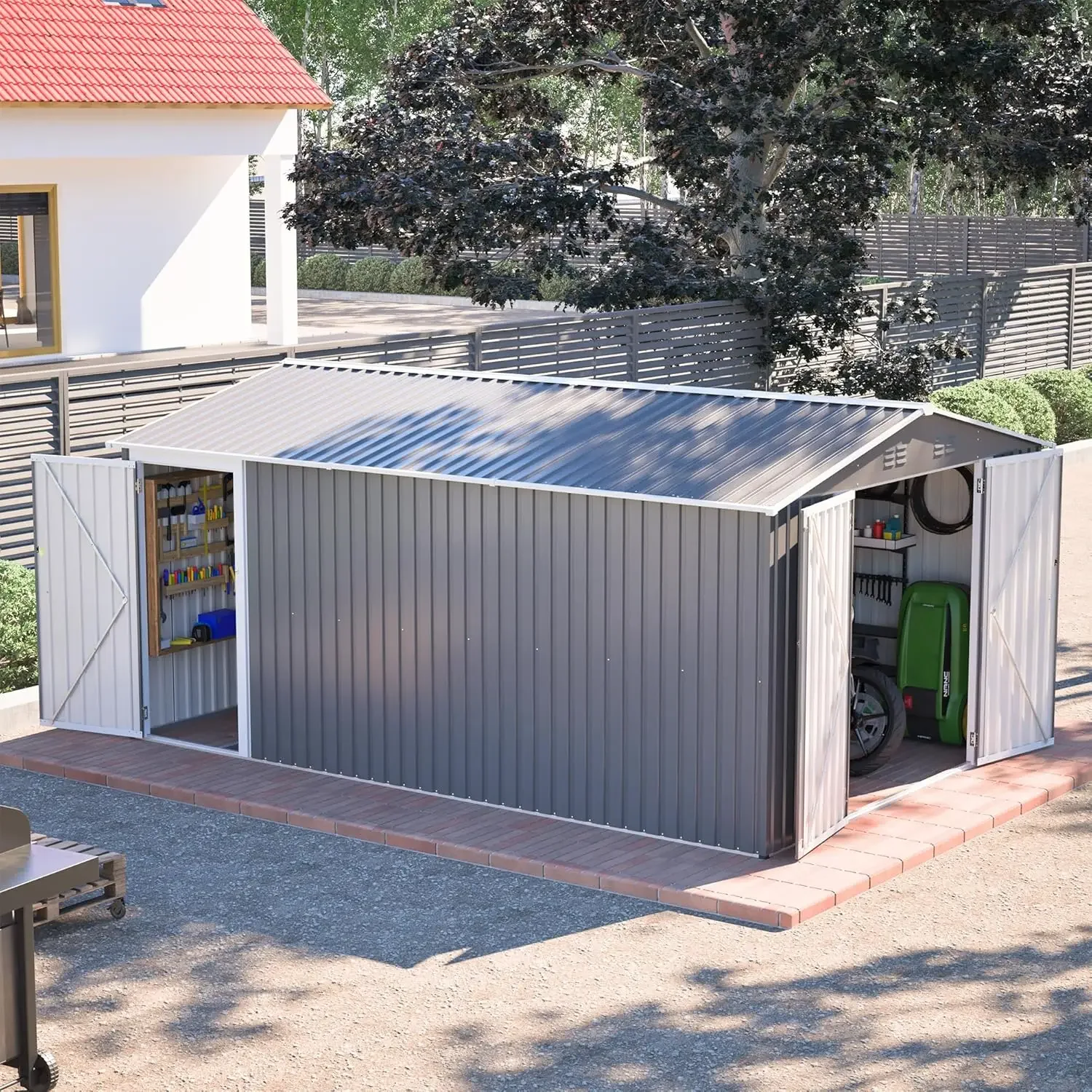 

10x14 FT Outdoor Metal Storage Shed with Side Door & Floor Frame, Extra-Large Tool Shed with Lockable Double Doors