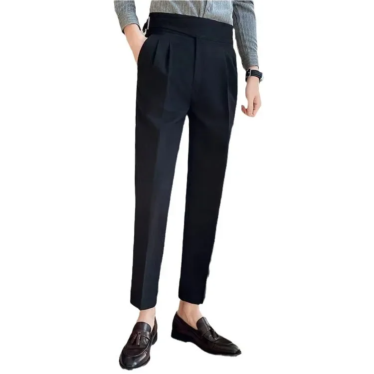 British Style Men High Waist Casual Dress Pant Men Belt Design Slim Trousers Formal Office Social Wedding Party Dress Suit Pants