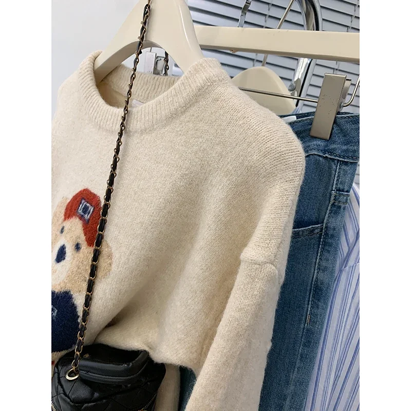 Sweet Vintage Knitting Long Sleeve Casual Pullovers Women\'s 2024 Autumn Winter Fashion Round Neck Bear Appliques Loose Sweater