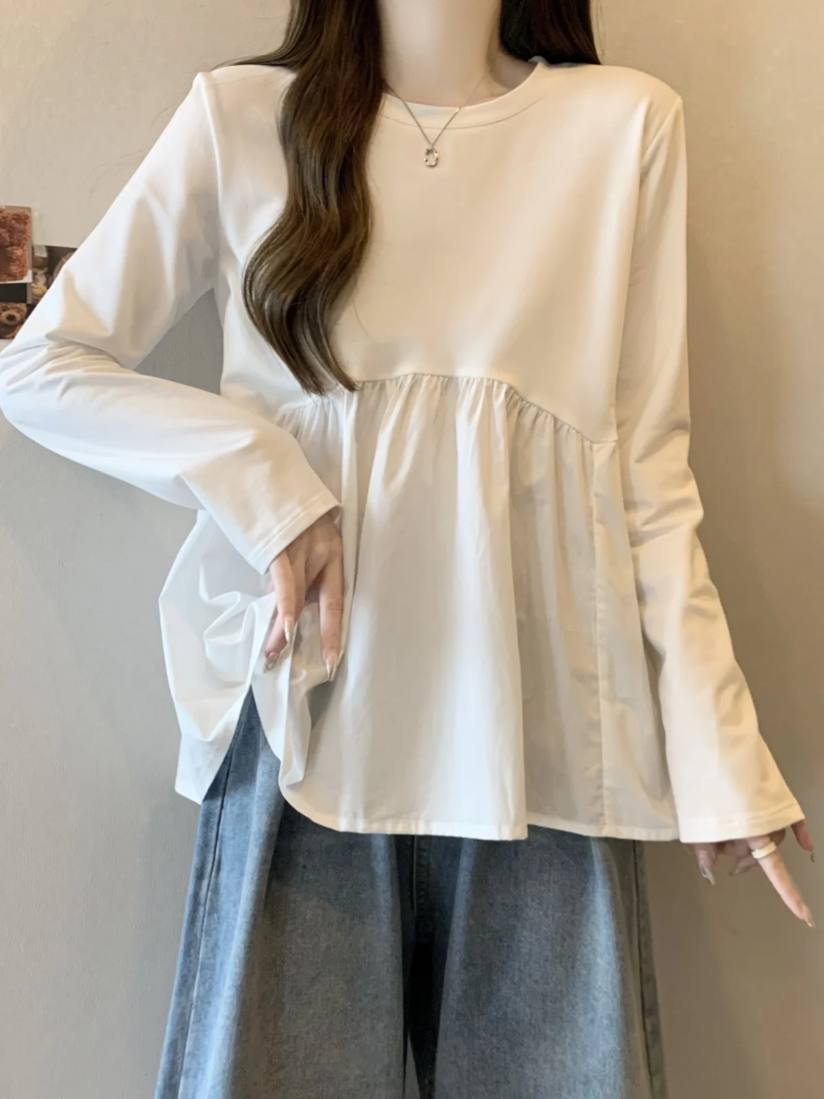 Loose Long Sleeve T-Shirt Women's Spring Autumn plus Size Conceal Belly Skirt Design Base Shirt Comfortable Casual Top