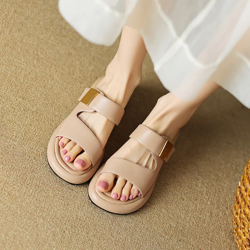 FEDONAS New Arrival Women Sandals Flats Platforms Slippers Genuine Leather Casual Metal Decoration Shoes Woman Spring Summer