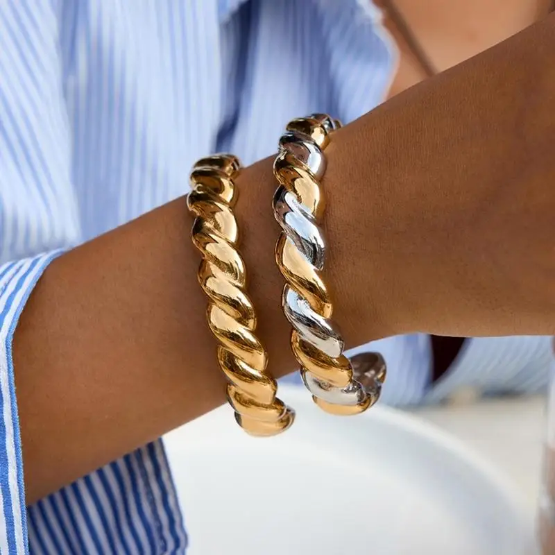 

31BF Elegant Twisted Open Bangle Stainless Steel Jewelry Adjustable For Women Fashion Gift