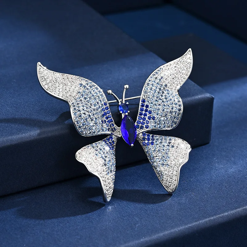 

High-end Design Light Luxury Blue Cubic Zirconia Butterfly Brooches for Women and Men Elegant Suit Corsage Pin Fashion Jewelry