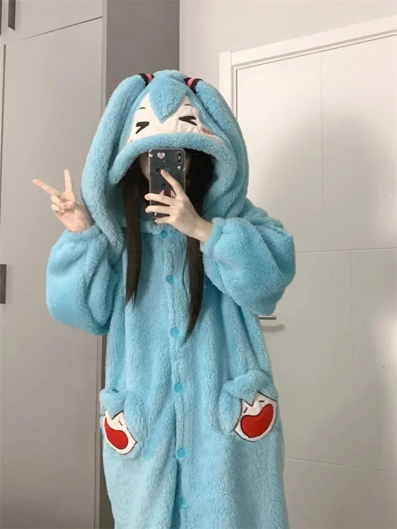 Hatsune Miku Coral Velvet Pajamas Cartoon Cartoon Cartoon Girl Winter Plush Thickened Warm Home Clothes Pajama Set Girl Gift