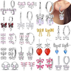 2024 New 925 Sterling Silver Sparkling Pink Bow Stud Earrings & Pavé Dangle Hoop Earrings For Girl Sweet Romantic Jewelry Gift