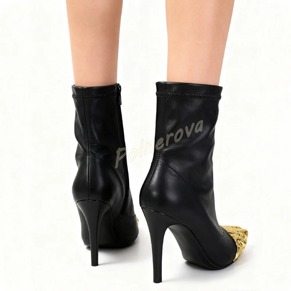 Unique Gold Toe Women Ankle Boots Sculpted Foot Design Black Leather Stiletto High Heel Boots Back Zipper Runway Party Boots