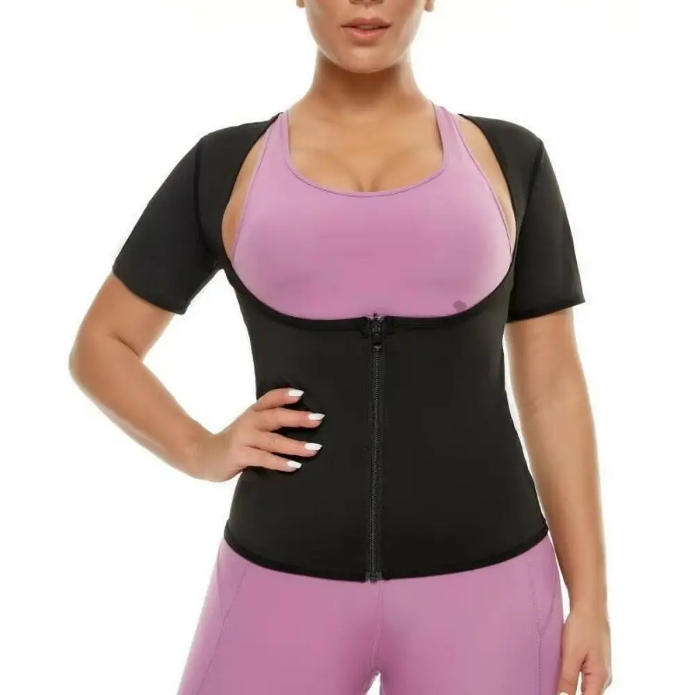 熱トラップ女性サウナスーツ半袖ジッパーデザイン脂肪燃焼フィットネス服圧縮プッシュアップサウナ発汗シャツ