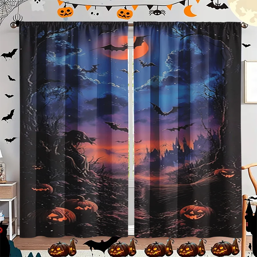 2PCS Digital Print Curtain, Halloween Graveyard Pumpkins Moon Bats, Spooky Cemetery Night Style for Living Room Bedroom Decor