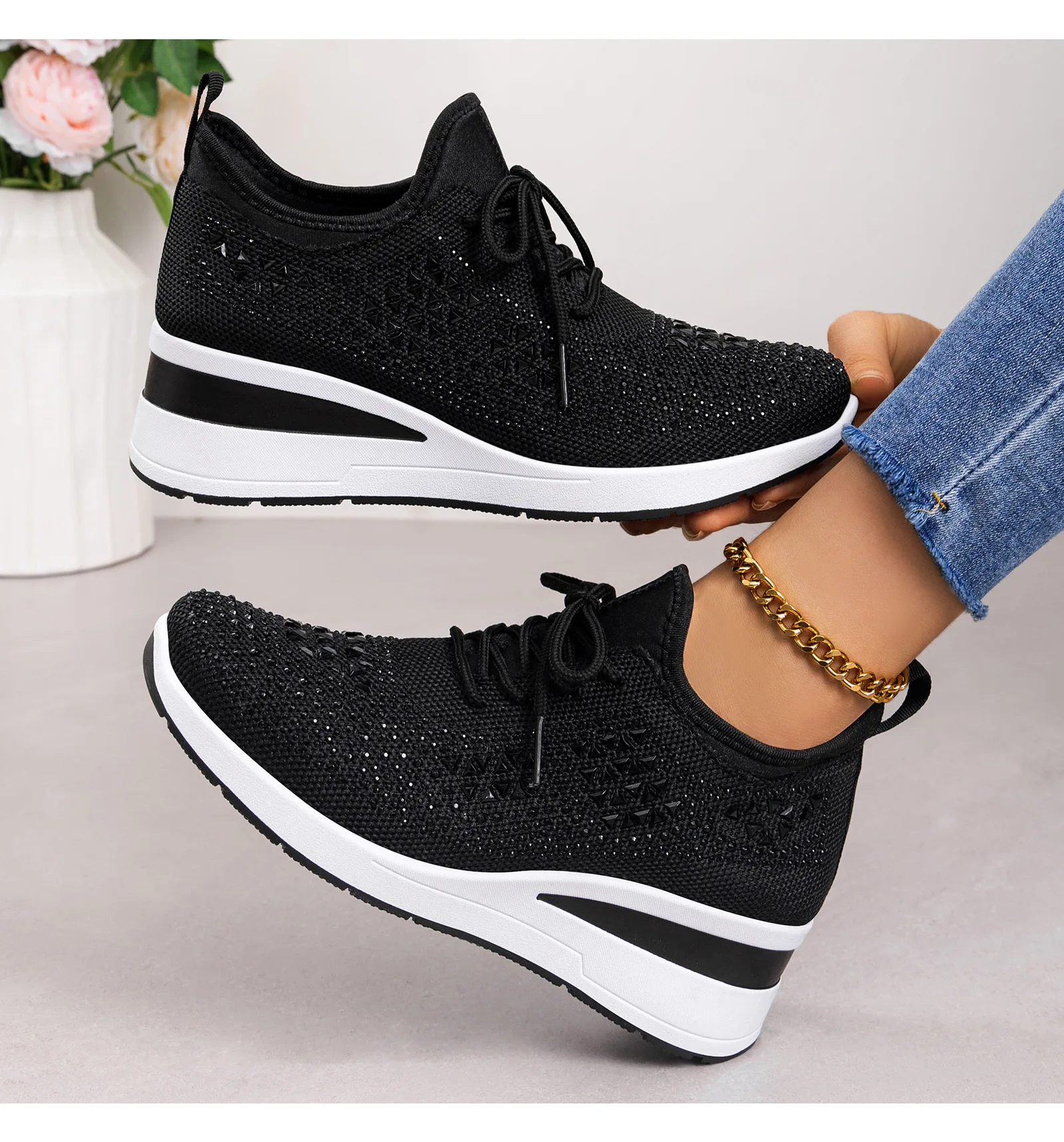Damen-Sneaker mit Strass-Keilabsatz, atmungsaktives Strickobermaterial, versteckter Absatz, Schnürung, modische Plateau-Walkingschuhe – Detail 13