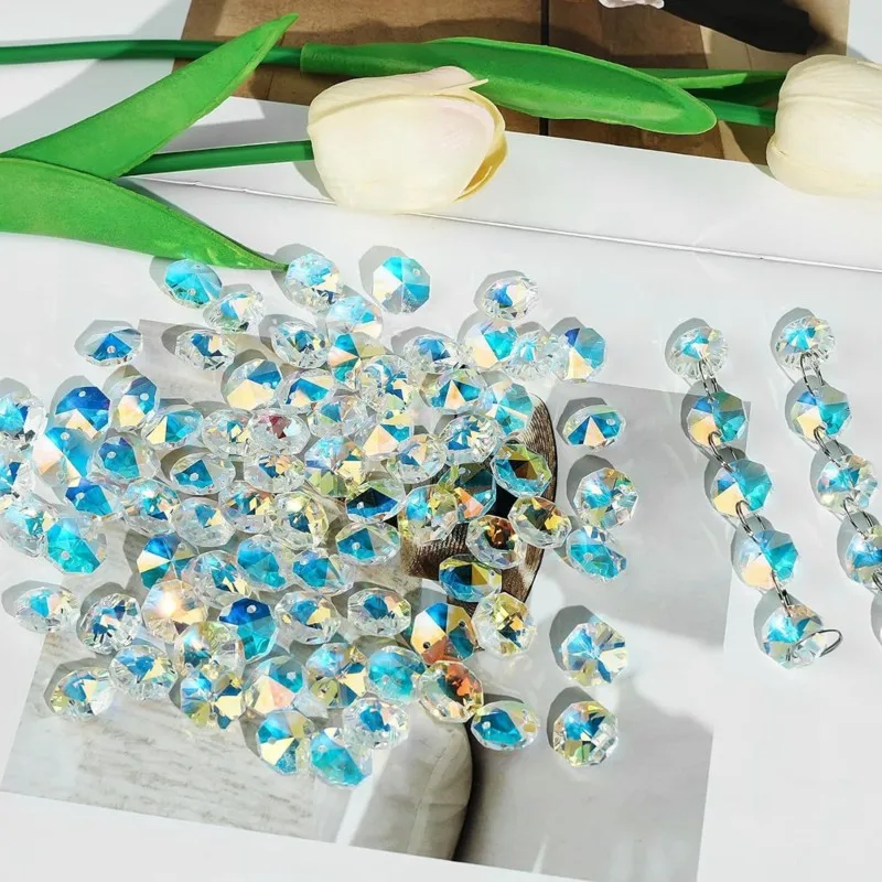 N04R 150Pcs Crystal Octagonal Beads With Rings & S Hooks