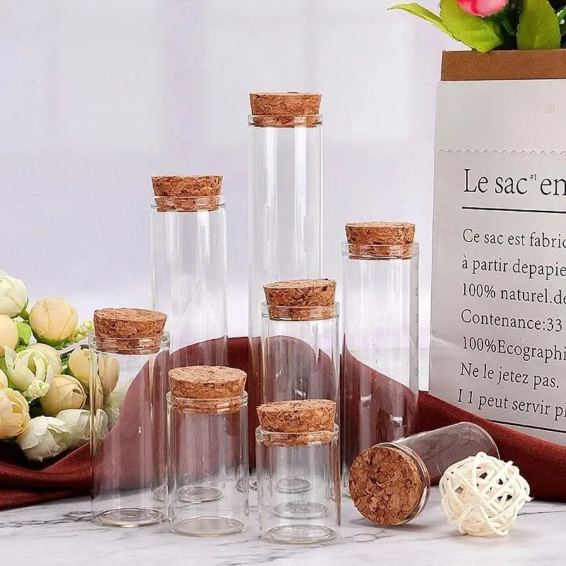 25ml Clear Glass Tube with Cork Cap, Straight Mouth Refillable Bottle for Candy Tea Spice, Empty Capsule Containers Multi Use