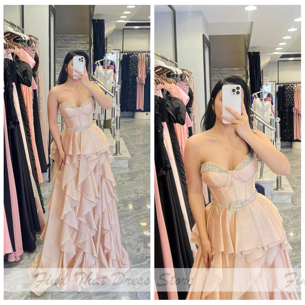 

Custom Made Sweety Sweetheart Collar Pleated Tiered Ruffles A-line Evening Gown Belt Backless Crystal Prom Dress with Court