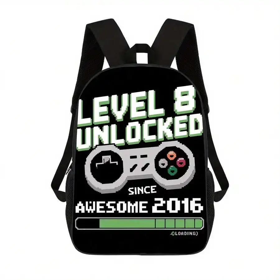 

Black Pixel Art Gaming Backpack Level 8 Unlocked Design Lightweight Double Shoulder Bag For Adults