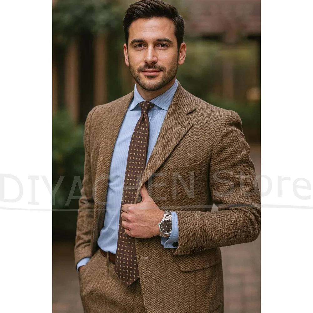 

Brown Herringbone Men's Suit 2 Piece Slim Formal Notch Lapel Single Breasted Outfit for Wedding Prom Business (Blazer+Pants)