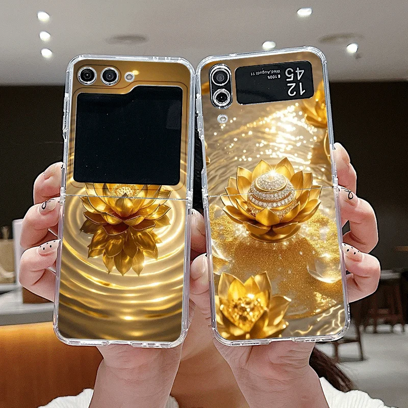 الإبداعية الذهبي لوتس زهرة نمط قضية الهاتف لسامسونج غالاكسي Z فليب 7 فليب 6 5 4 3 غطاء قابل للطي ل Z Flip7 فليب 5 قذيفة #1