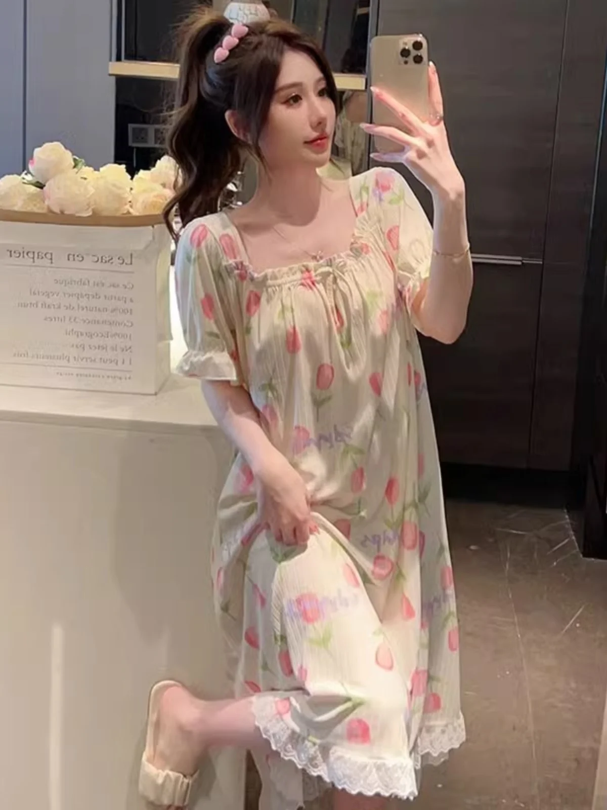 

Pure Cotton Sp Dr Women's Summer Thin Tulip Princ Sle plus Size ort Sve Nightgown Casual Home Wear Long Dr