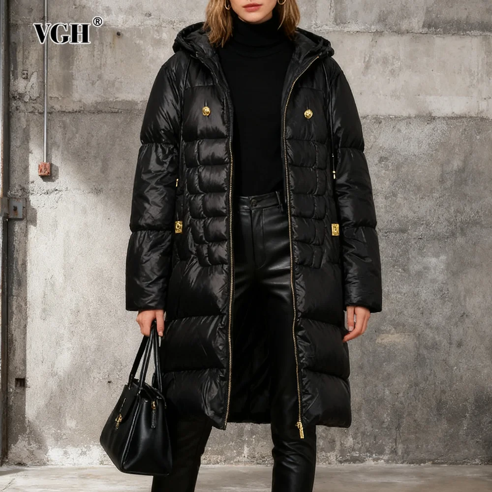 

VGH зимние теплые утягивающие однотонные пуховики для женщин с воротником-стойкой и длинным рукавом с высокой талией, шикарная женская куртка на молнии, новинка