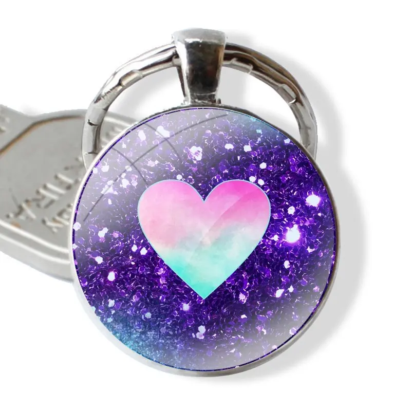 Love Purple Glitter wave glass cabochon keychain Car key chain Charms keychains Gifts Accessories Phone Shell Covers