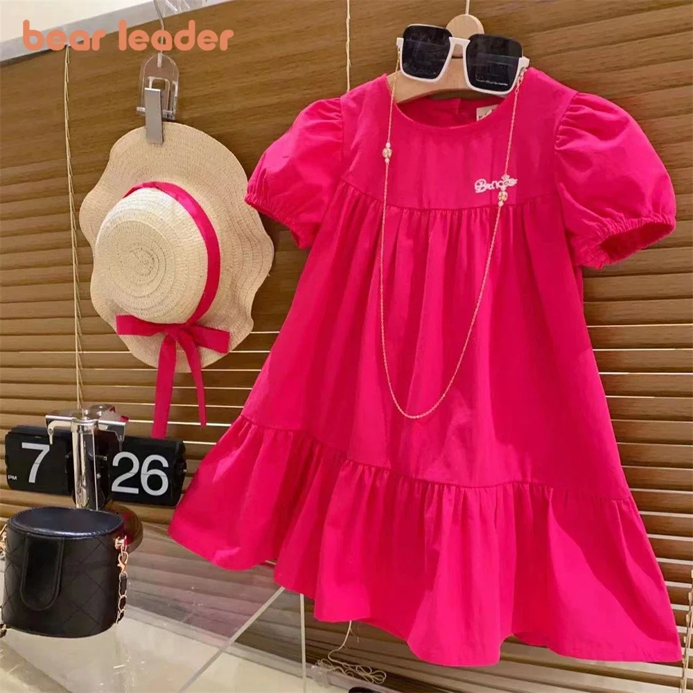 Bear Leader Korean Version Fashion Solid Color Girls Casual Dresses Short Sleeved Round Neck Patchwork Rose Red Princess Dress