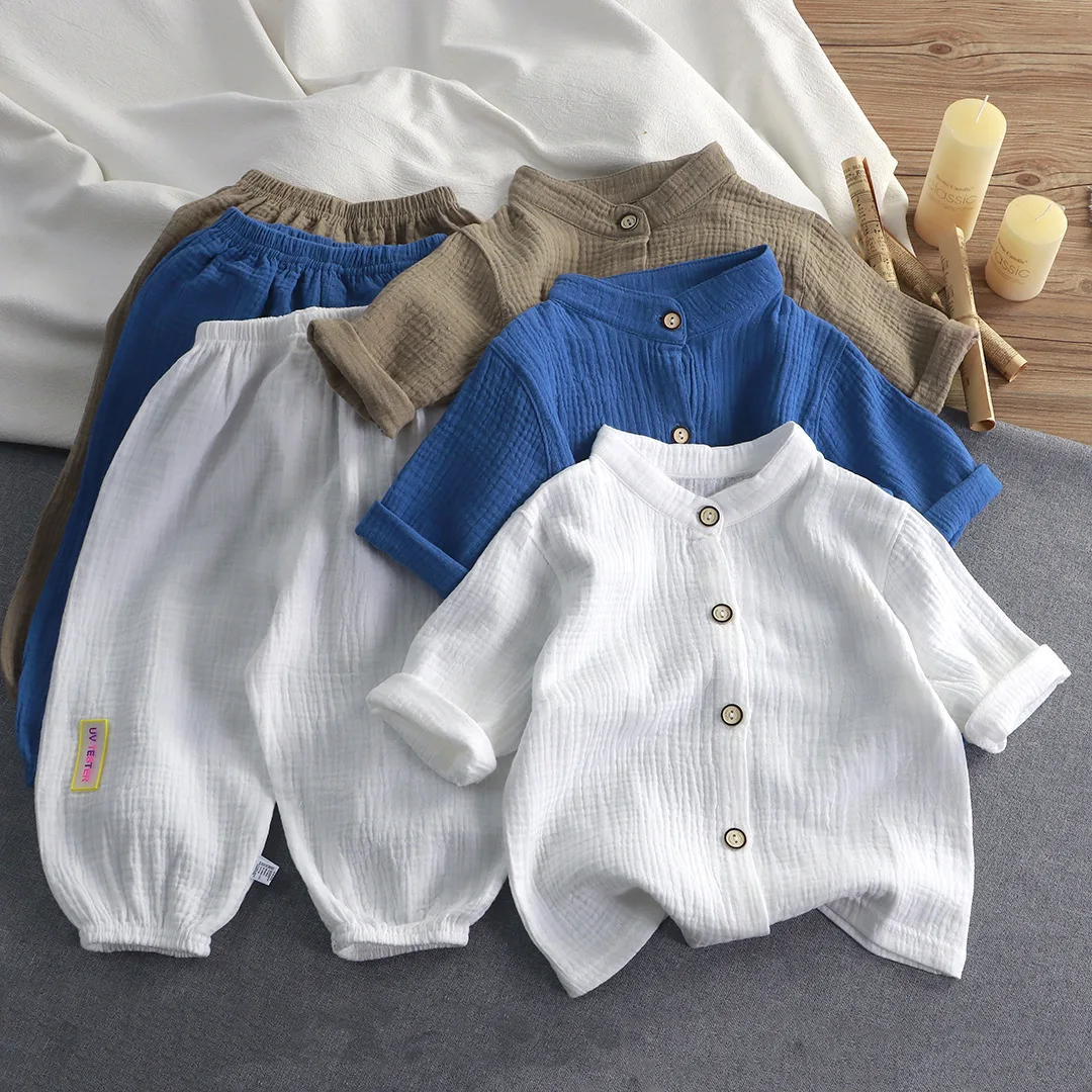 

Детский летний комплект из 2 предметов: хлопковая домашняя одежда для мальчиков с воротником-стойкой, повседневный комплект с длинными брюками