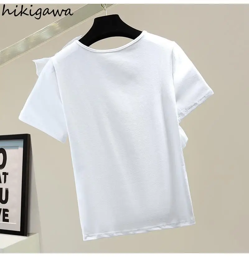 2023 Shirts for Women Ruffles Patcheork Tshirt Fashion Sequins Y2K Tops White Black T-shirts Ropa Mujer  Korean Summer Tees