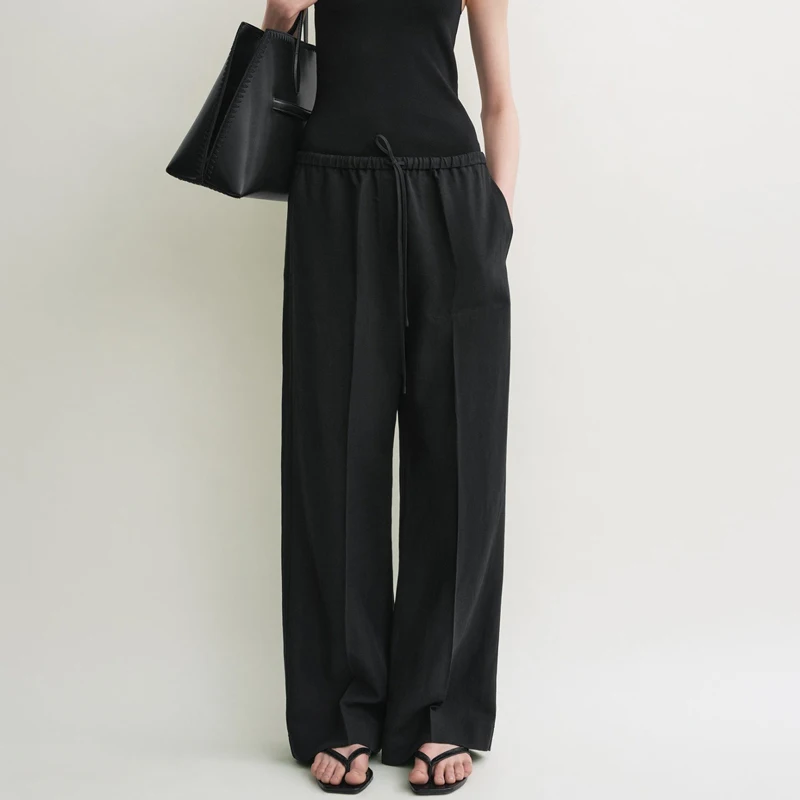 

Nordic mat Sle Wide Leg Pants Blend Dstring Straight Cut Long Pants Commute Faion Ele Drapey Trousers