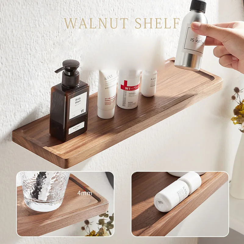 Walnut hole-free storage rack, wall-mounted storage rack in front of mirror, bathroom wood storage rack