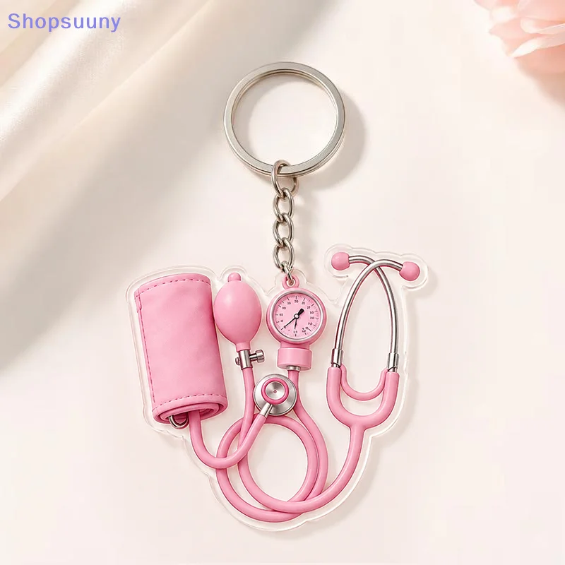 [SU]1Pcs  Nurse Bag Charm Pendant 2D Flat Doctor Cute Pink Mini Stethoscope Keychain Gift Accessory For Keys Backpack[SU]