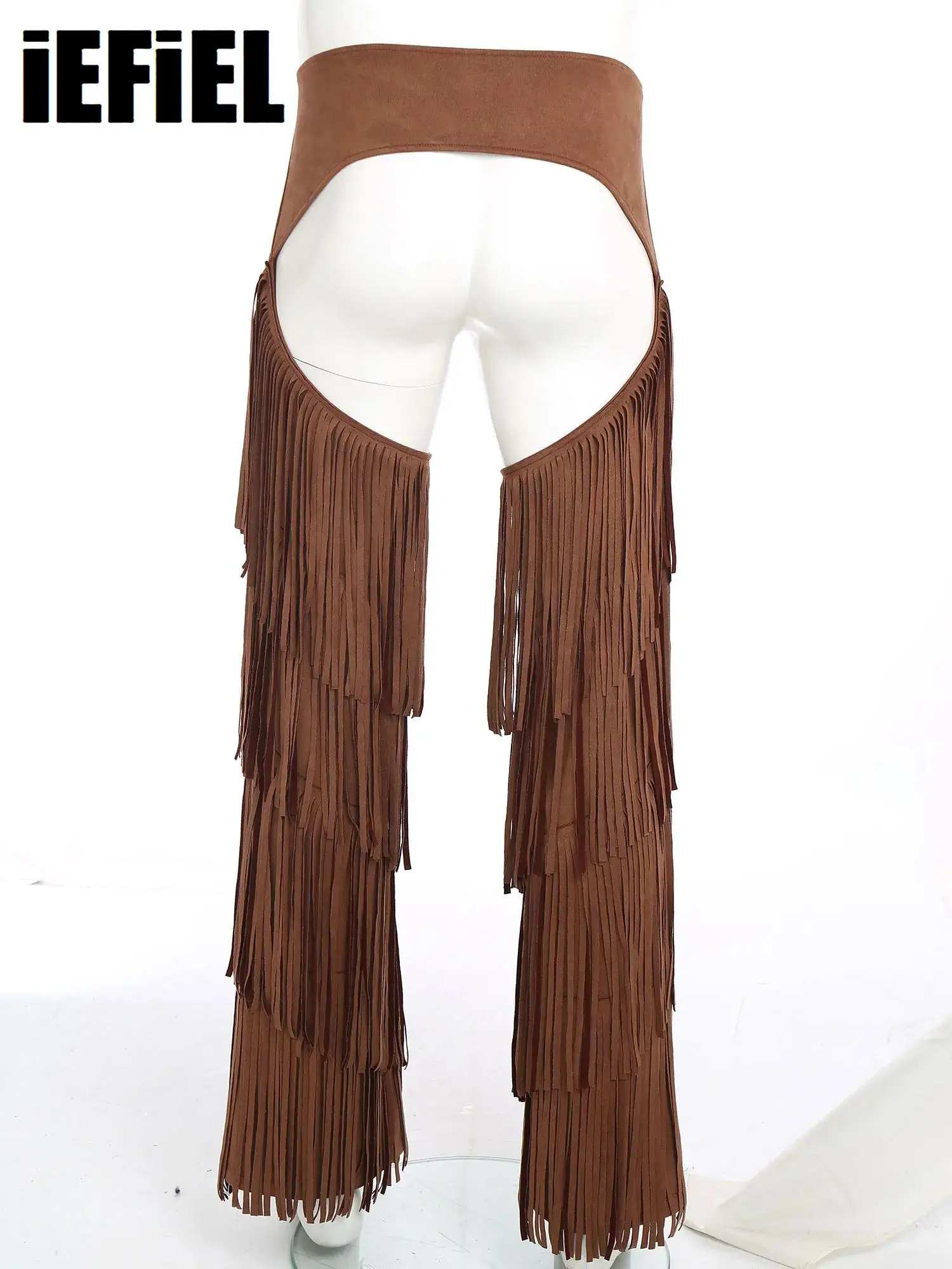 

Men Vintage Western Cowboy Chaps Gothic Steampunk Fringe Open Crotch Pants Adjustable Buckles Motorcycle Biker Trousers Clubwear