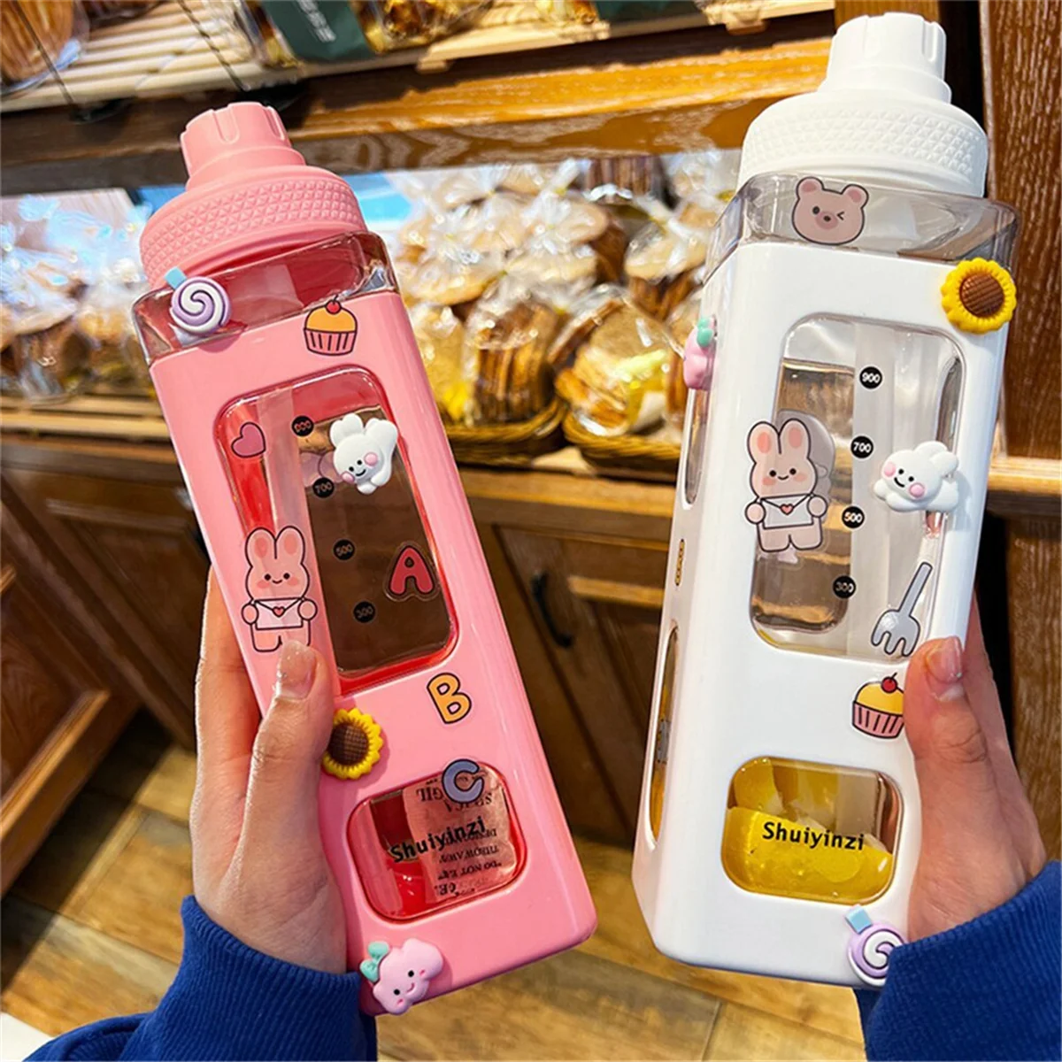 ONCE Kawaii Water Bottle with Straw 3D Cute Bear Sticker Free Plastic Square Sippy Cup Poratable Drinkware 700ml Pink